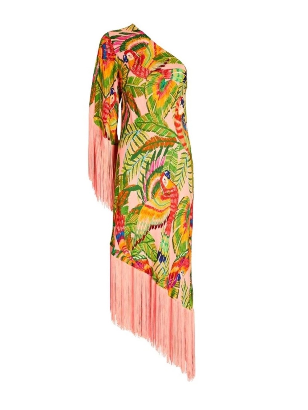 FARM Rio Macaw Leaves One Shoulder Fringe Midi Dress XL Parrot Tropical Rare - Picture 4 of 15